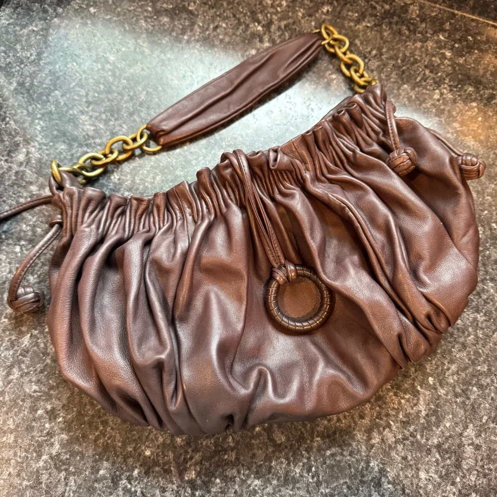 BCBGMAXAZRIA Super Soft Leather Brown Ruched Shoulder bag Boho Western Glam